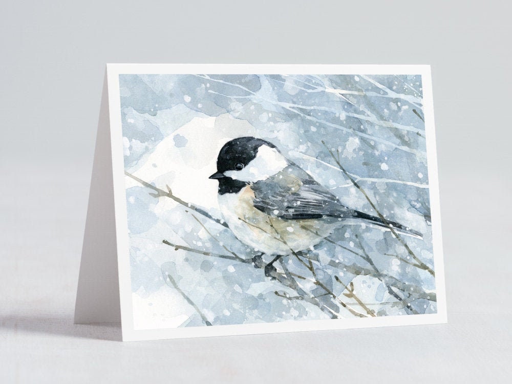 Chickadee in Snow Card, Watercolor Bird Christmas Card