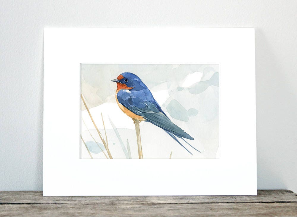 Rustic Bird Art, Barn Swallow Print, Watercolor Painting, 5x7