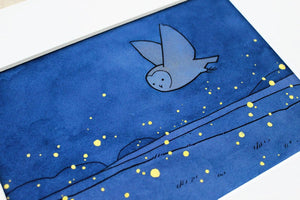 Owl and Fireflies Art Print, Barn Owl Illustration
