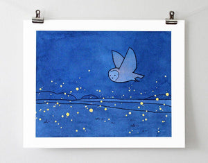 Owl and Fireflies Art Print, Barn Owl Illustration