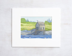 Maine Coast Landscape Print, Vinalhaven Boathouse Drawing