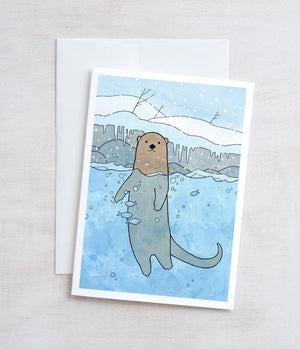 Otter Christmas Card Illustration, Holiday Animal Stationery