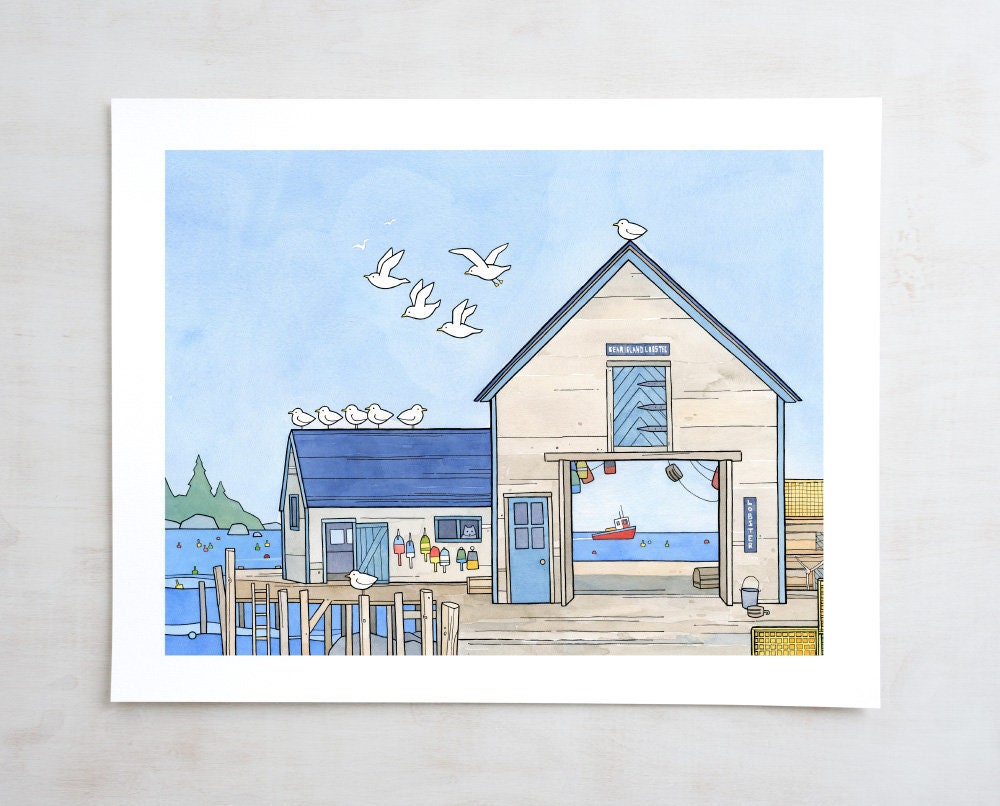 Lobster Fishing Dock, Maine Fishing Town Nautical Art Print, Kids Room Decor