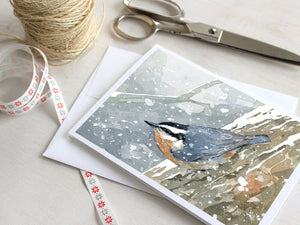 Nuthatch Bird in Snow Holiday Card, Woodland Nature Christmas Notecard