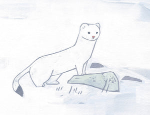 Ermine Print, White Weasel in Snow Painting, Whimsical Animal Art