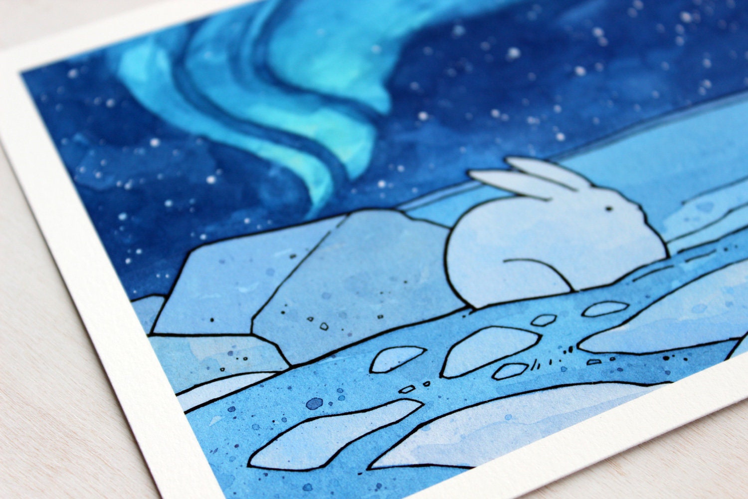 Arctic Northern Lights Print, Snowshoe Hare Illustration