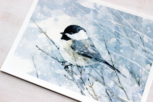 Chickadee in Snow Watercolor Art Print, Bird Painting, Audubon Wall Art