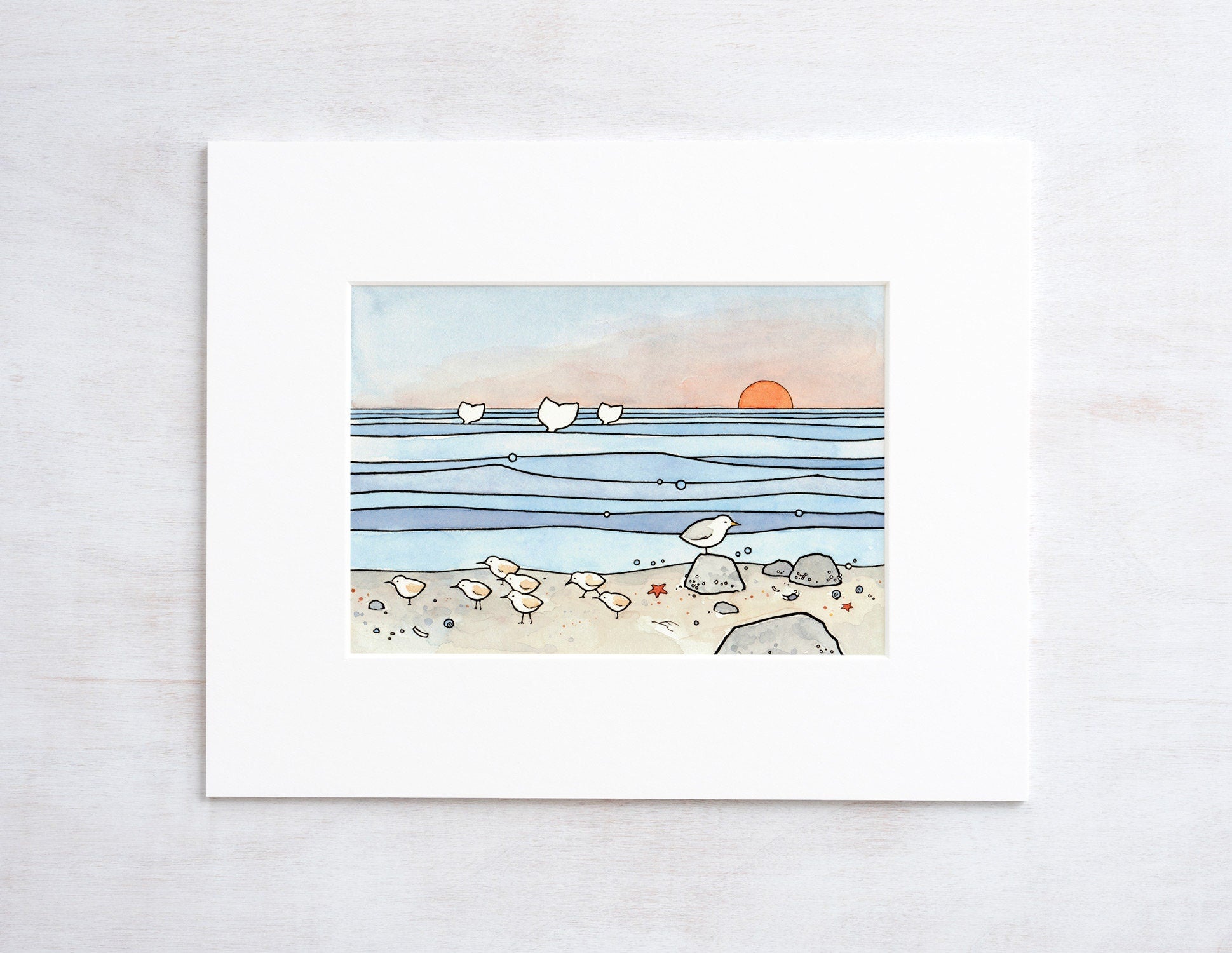 Beach Illustration Sandpipers and Whales Print, Coastal Shore Art Illustration