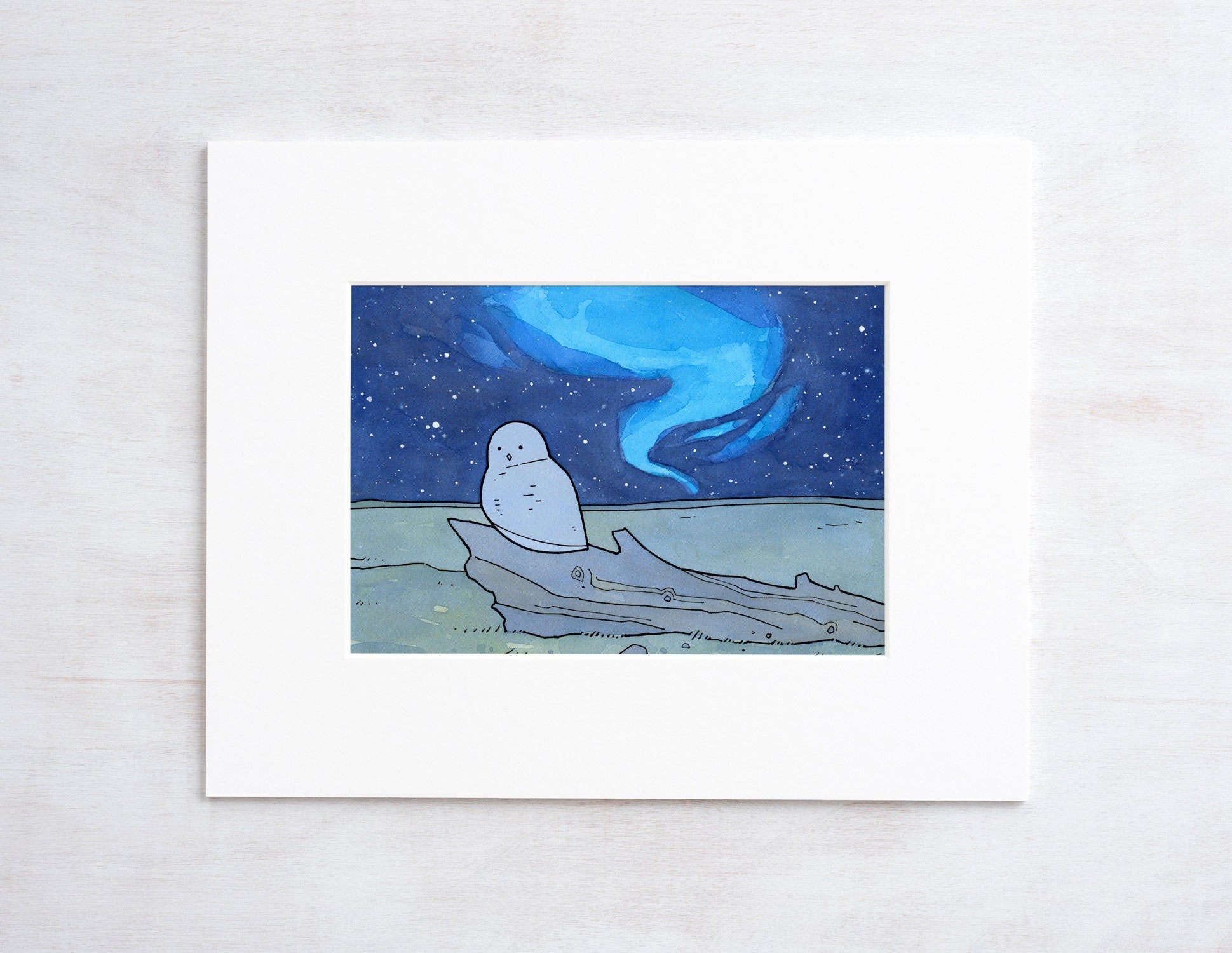 Snowy Owl and Northern Lights Print, Arctic Animal Illustration