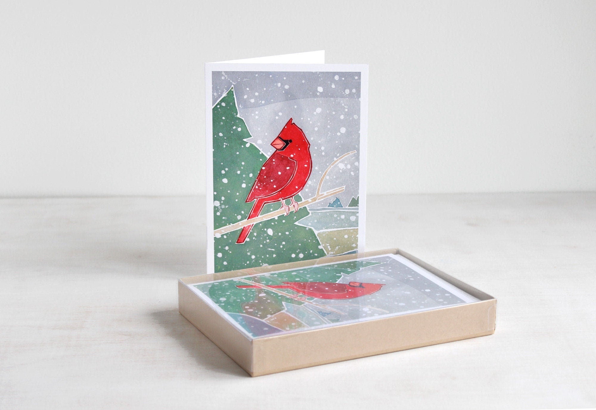 Cardinal Christmas Card Set, Watercolor Illustrated Bird Holiday Cards