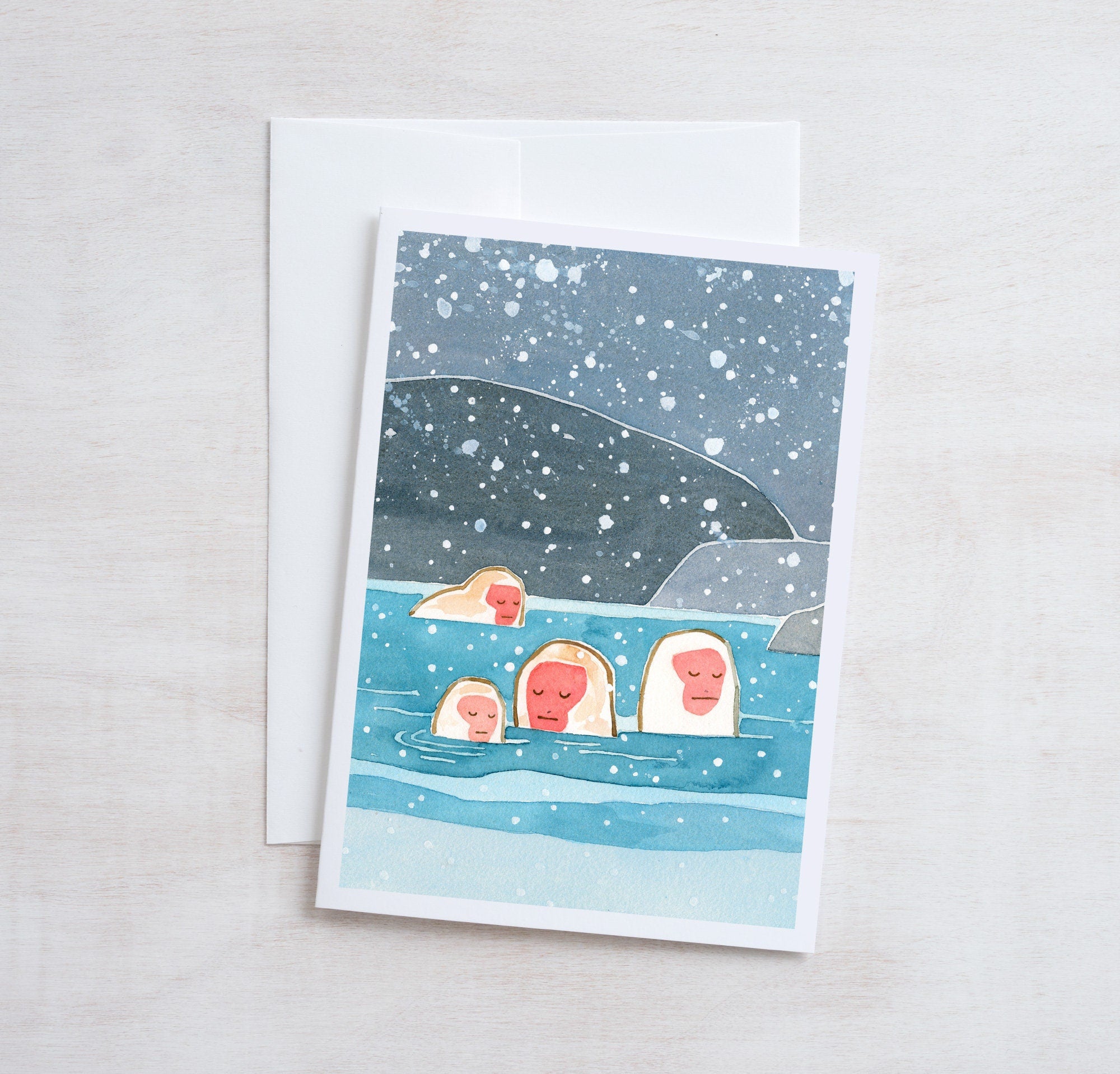 Snow Monkeys Card, Winter Holiday Animal Card, Japanese Wildlife Art