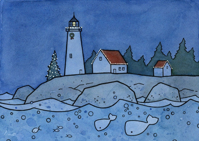 Whale Christmas Card, Whimsical Nautical Lighthouse Holiday Card Set