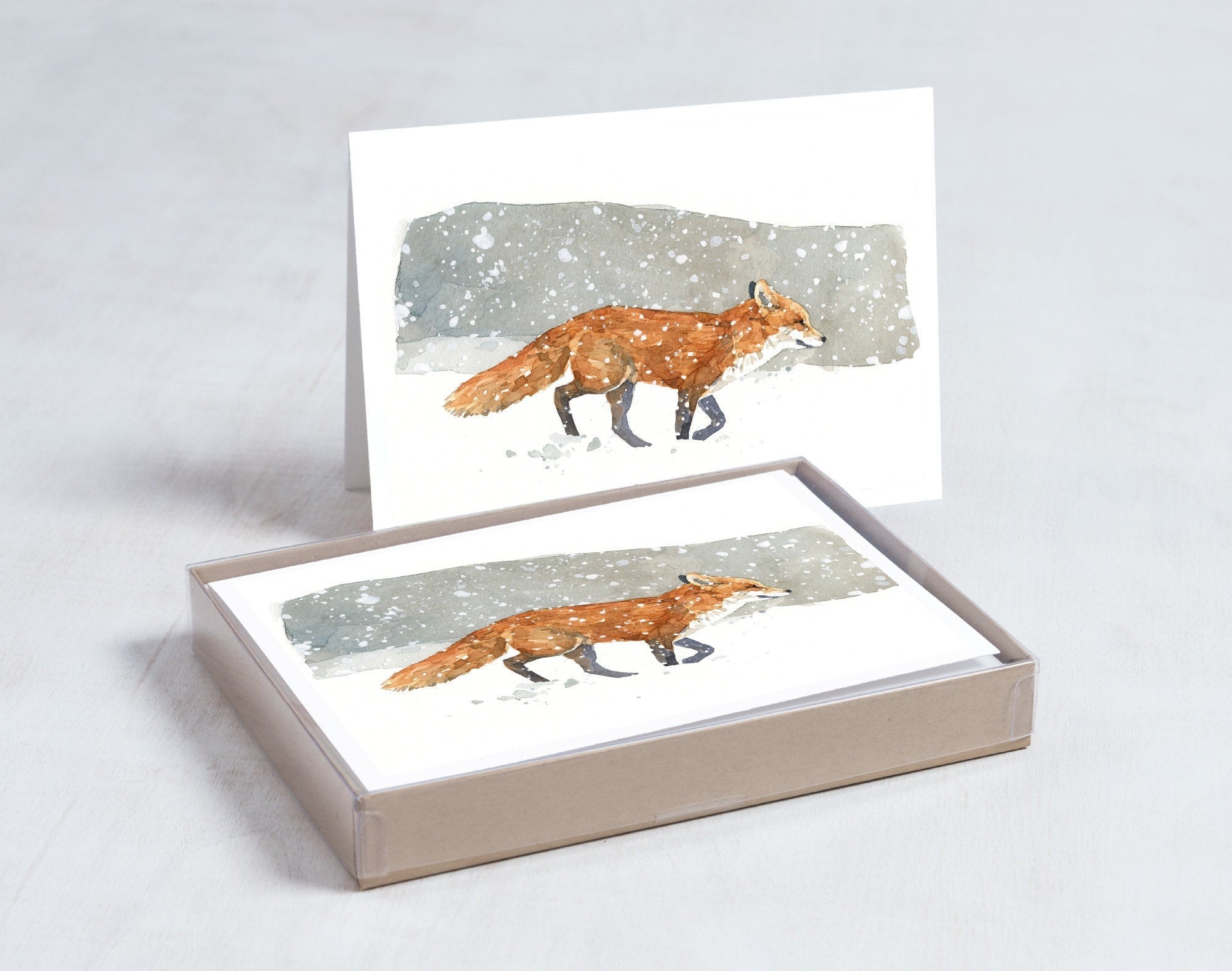 Fox in Snow Christmas Card Set, Winter Watercolor Greeting Cards, Holiday Cards