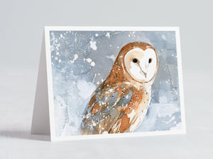 Barn Owl Christmas Card, Owl in Snow Watercolor Holiday Card