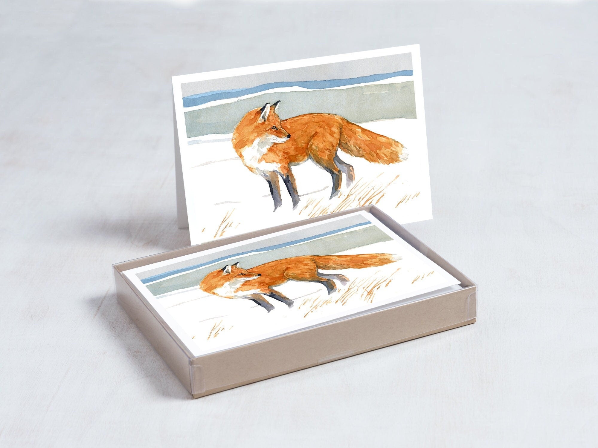 Red Fox Holiday Cards, Fox Winter Watercolor Christmas Card Set