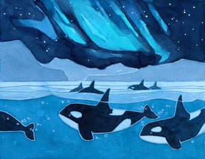 Orcas Northern Lights Art Print, Aurora Borealis Watercolor Art, Norway Fjord