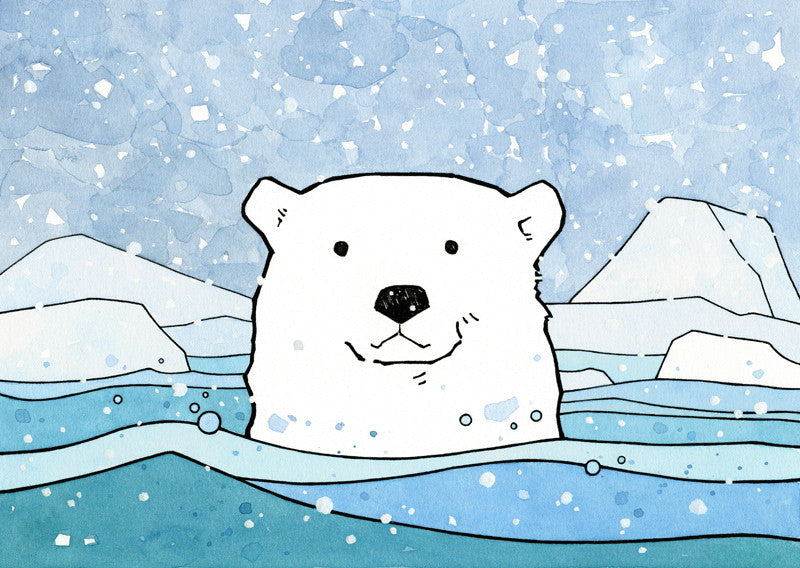 Polar Bear Watercolor Illustration, Winter Holiday Card
