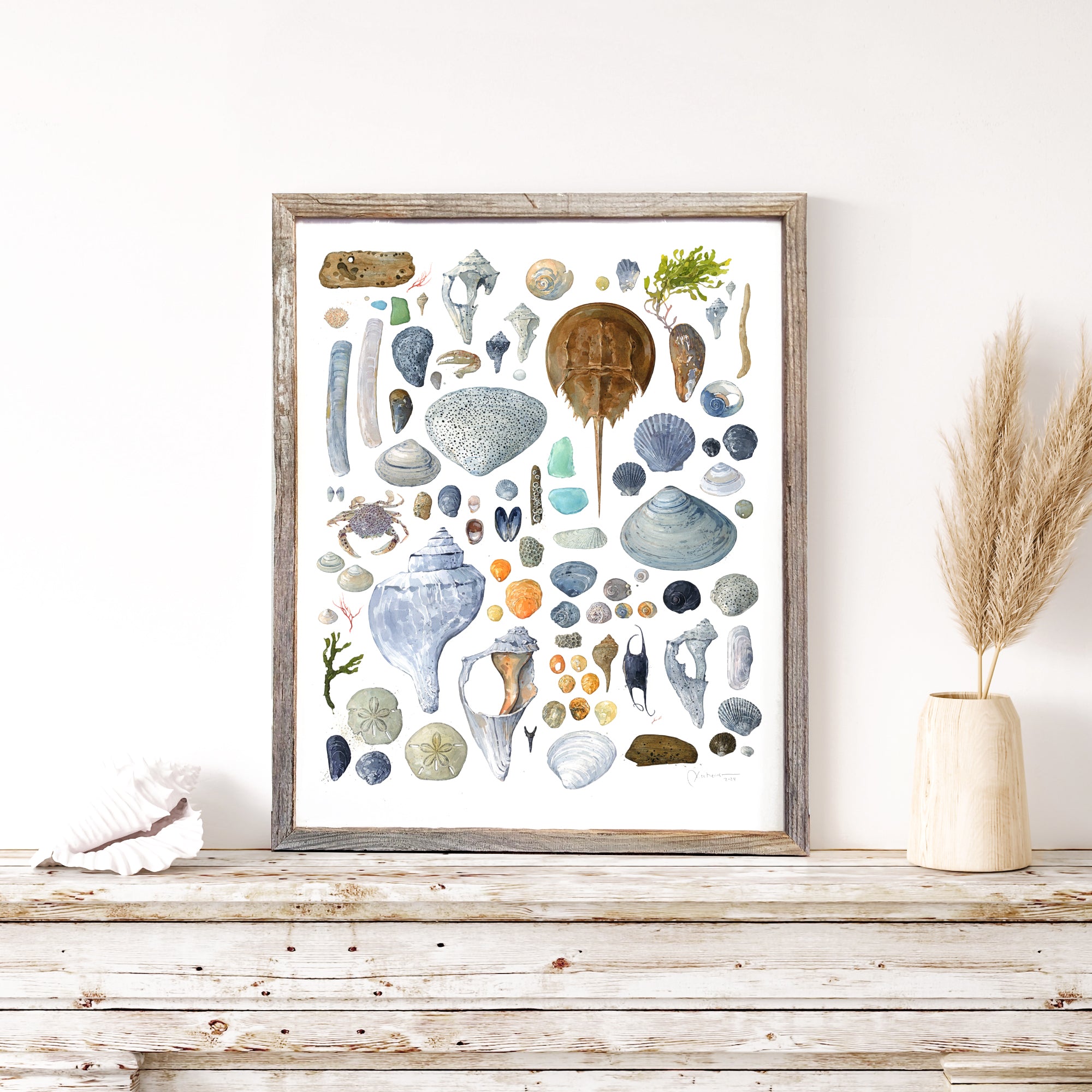 Beachcombing Shells Watercolor Print Coastal Seashore Painting Large Wall Art