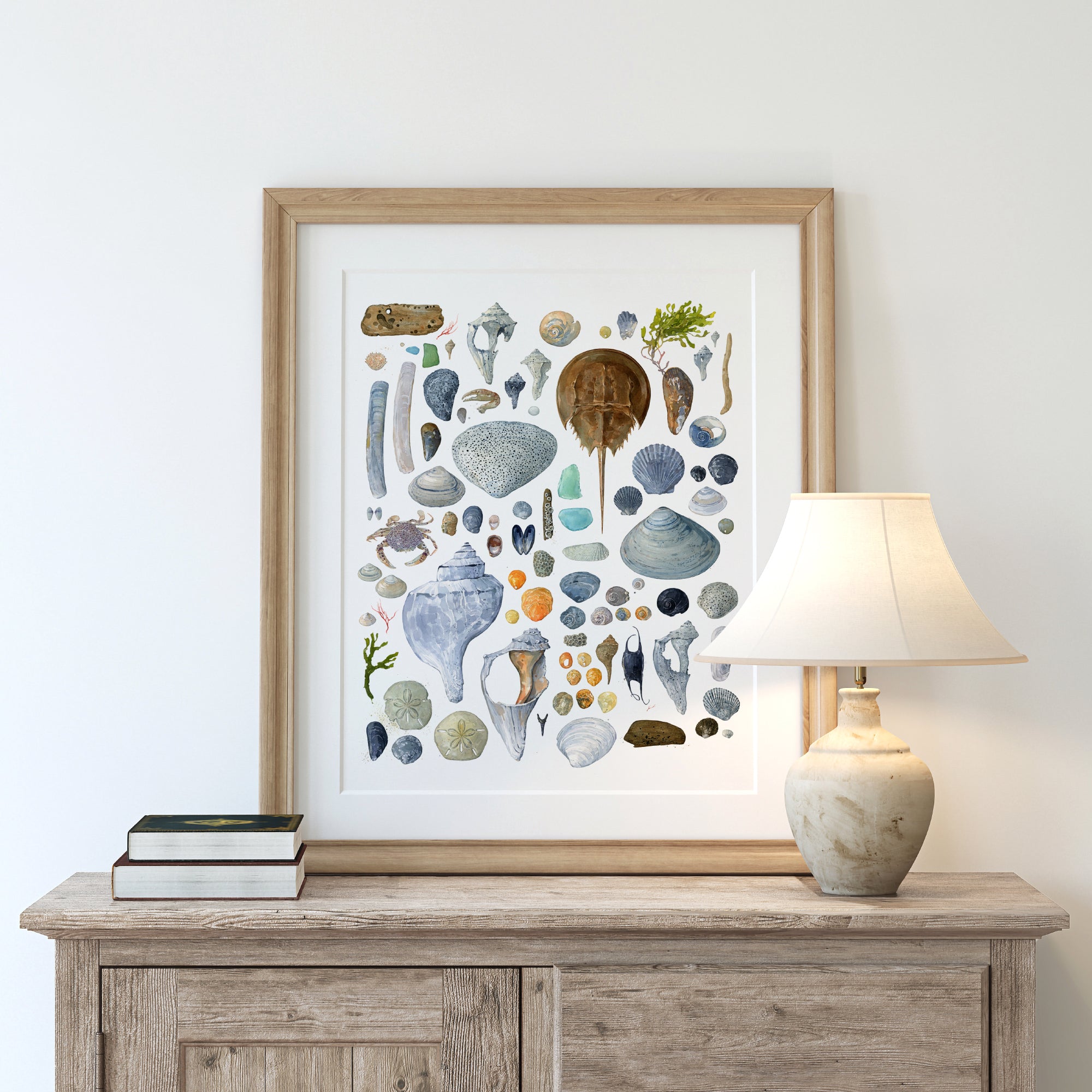 Beachcombing Shells Watercolor Print Coastal Seashore Painting Large Wall Art