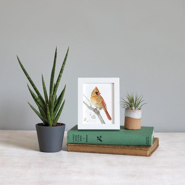 Framed Mini Female Cardinal Watercolor Print Tabletop Frame Bird Gift