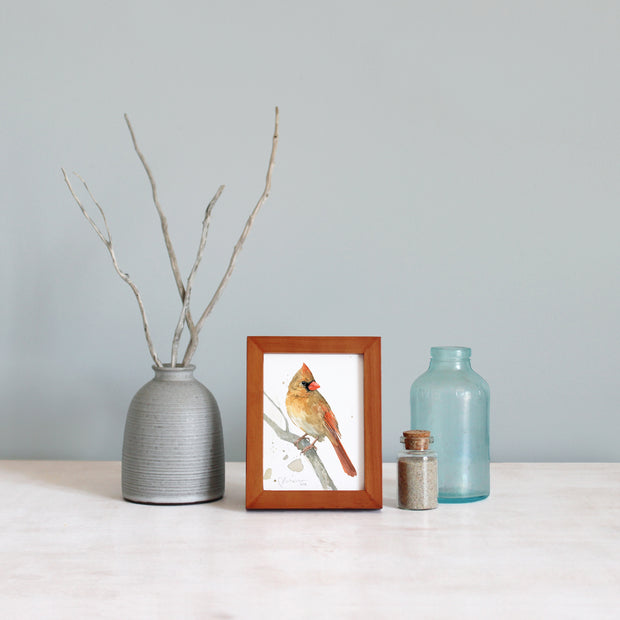 Framed Mini Female Cardinal Watercolor Print Tabletop Frame Bird Gift