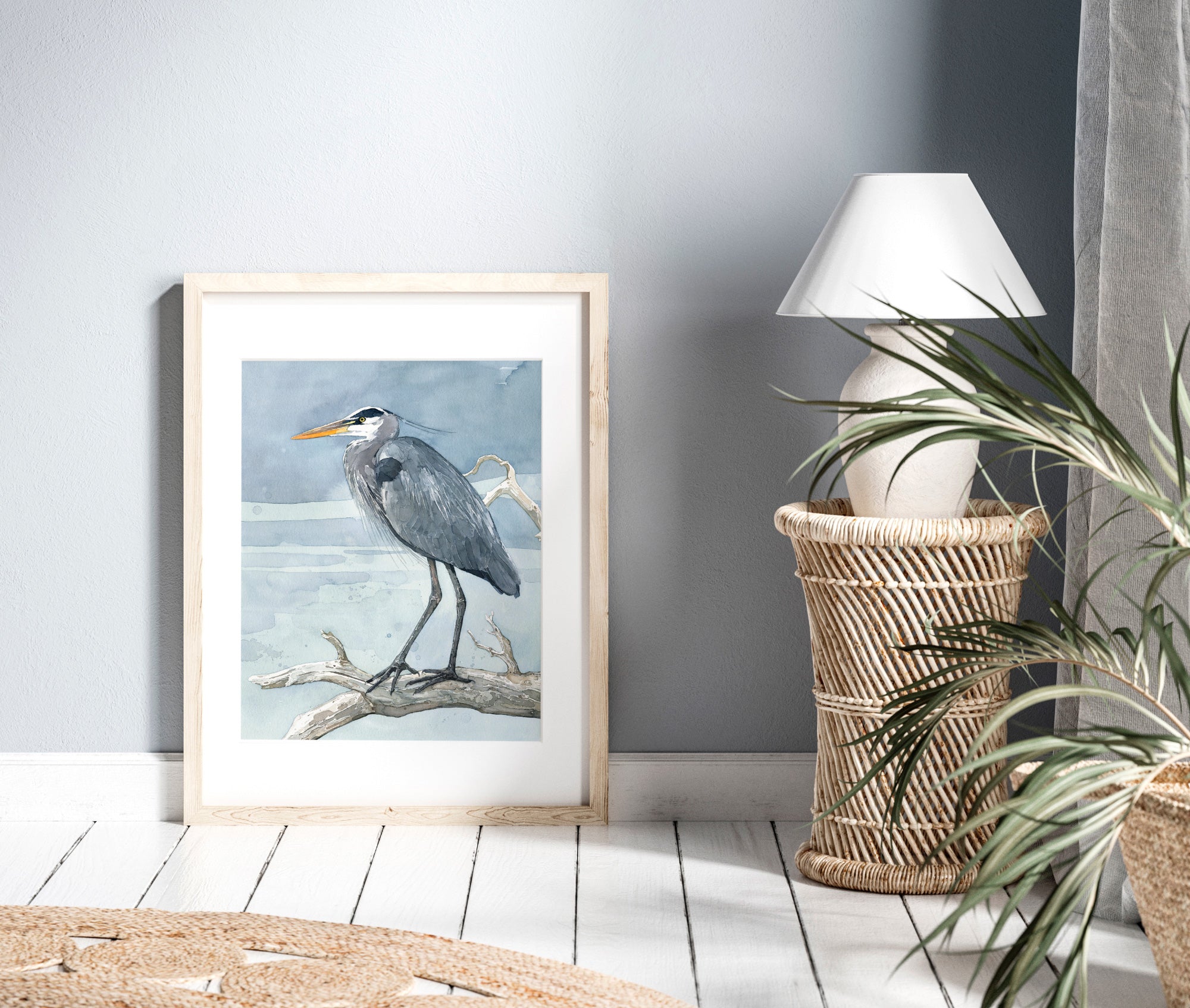 Great Blue Heron on Branch Watercolor Print Coastal Bird Painting Large Wall Art