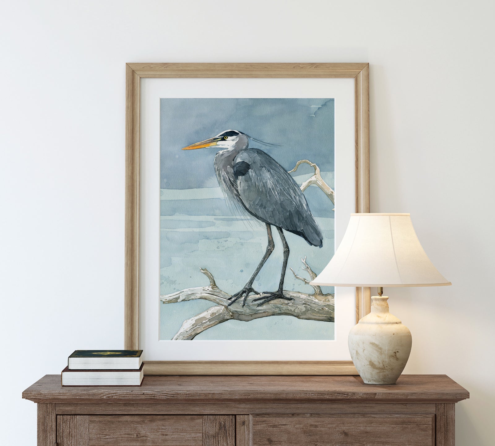Great Blue Heron on Branch Watercolor Print Coastal Bird Painting Large Wall Art