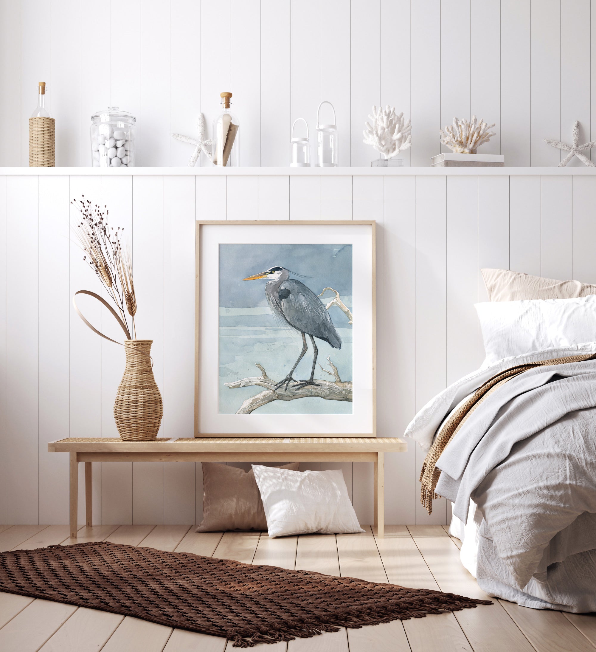 Great Blue Heron on Branch Watercolor Print Coastal Bird Painting Large Wall Art