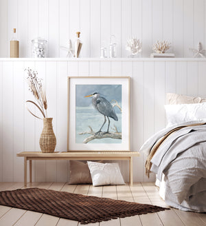 Great Blue Heron on Branch Watercolor Print Coastal Bird Painting Large Wall Art