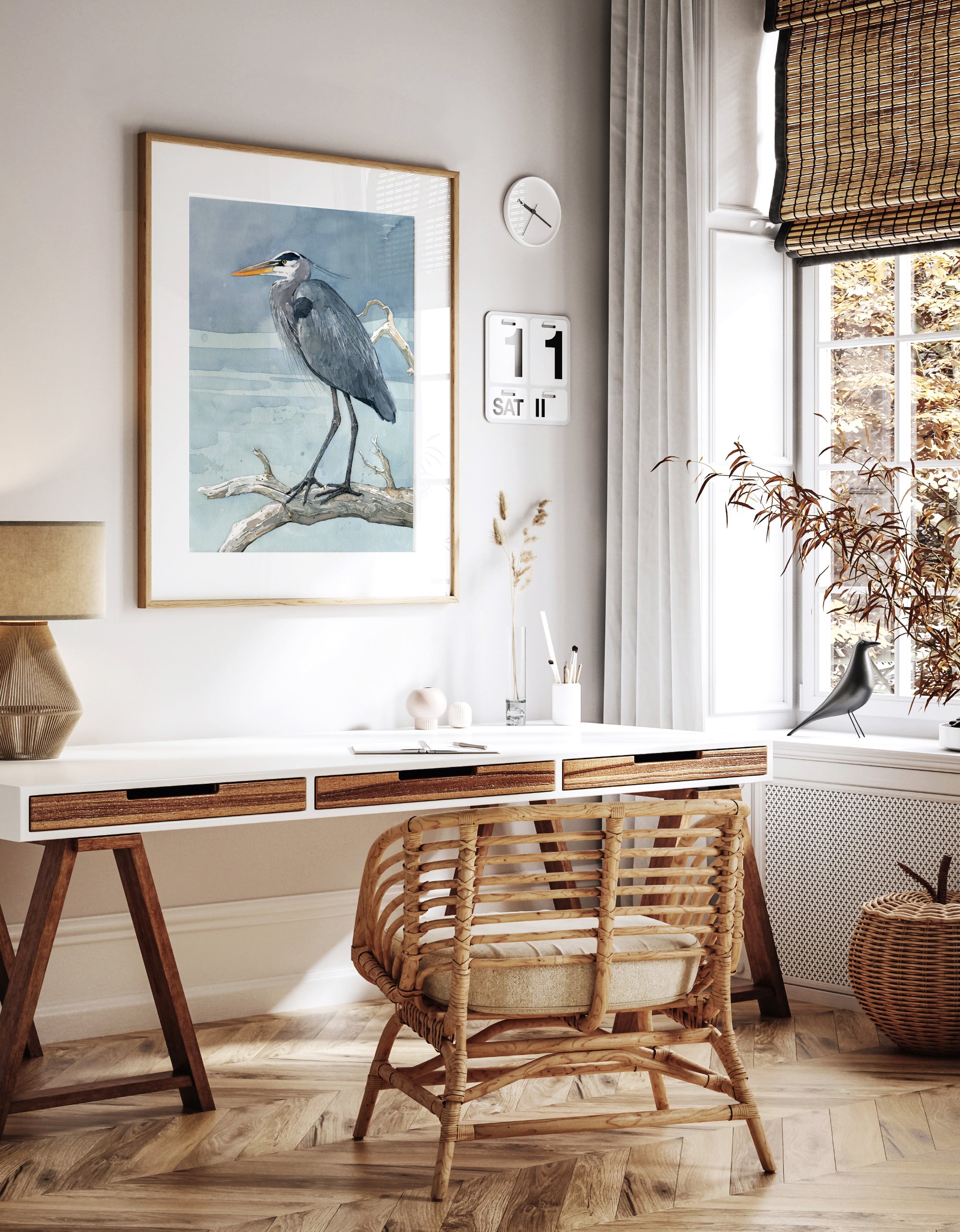 Great Blue Heron on Branch Watercolor Print Coastal Bird Painting Large Wall Art