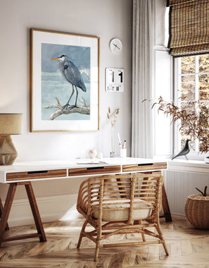 Great Blue Heron on Branch Watercolor Print Coastal Bird Painting Large Wall Art