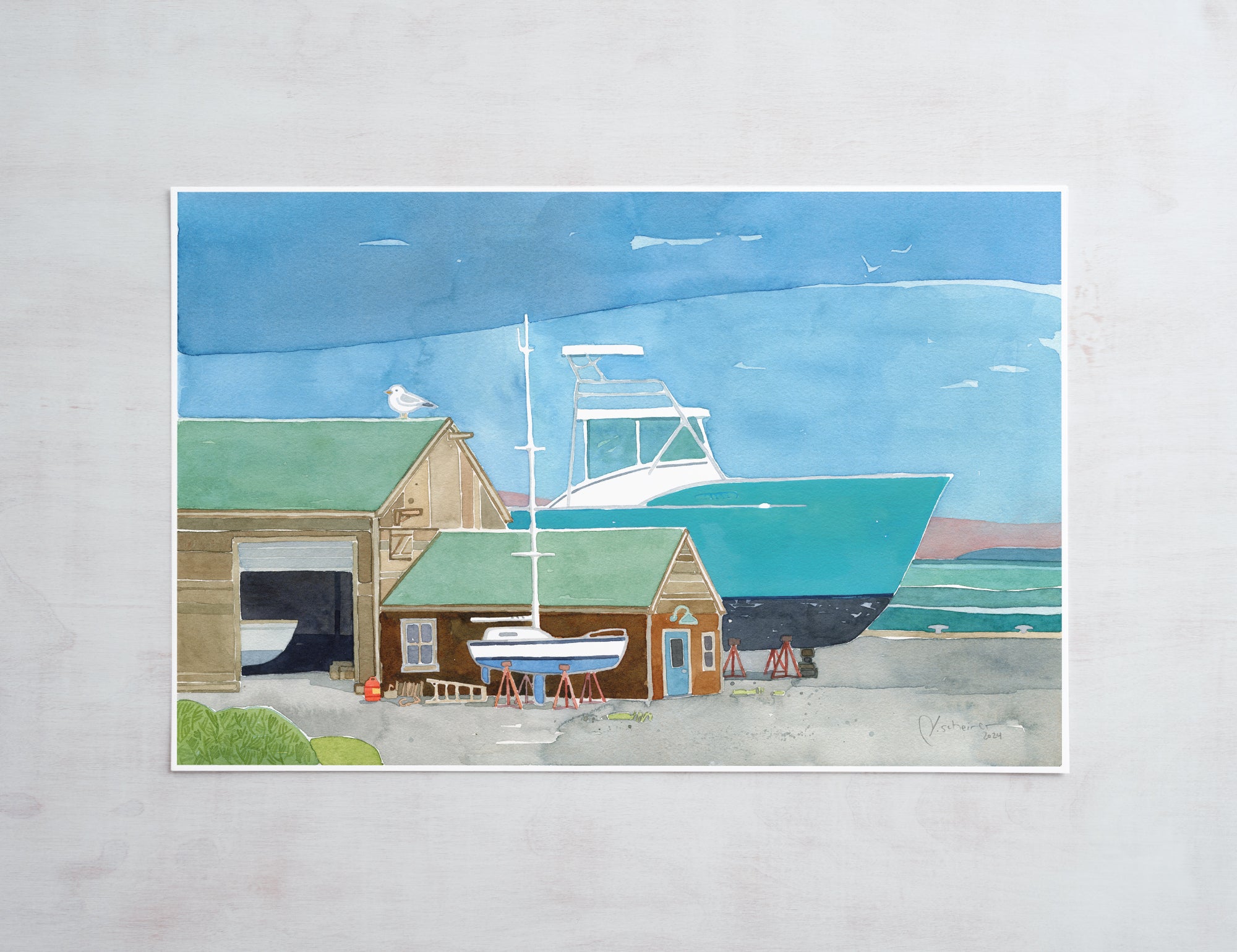 Boatyard Watercolor Print Nautical Coastal Wall Art