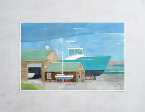 Boatyard Watercolor Print Nautical Coastal Wall Art