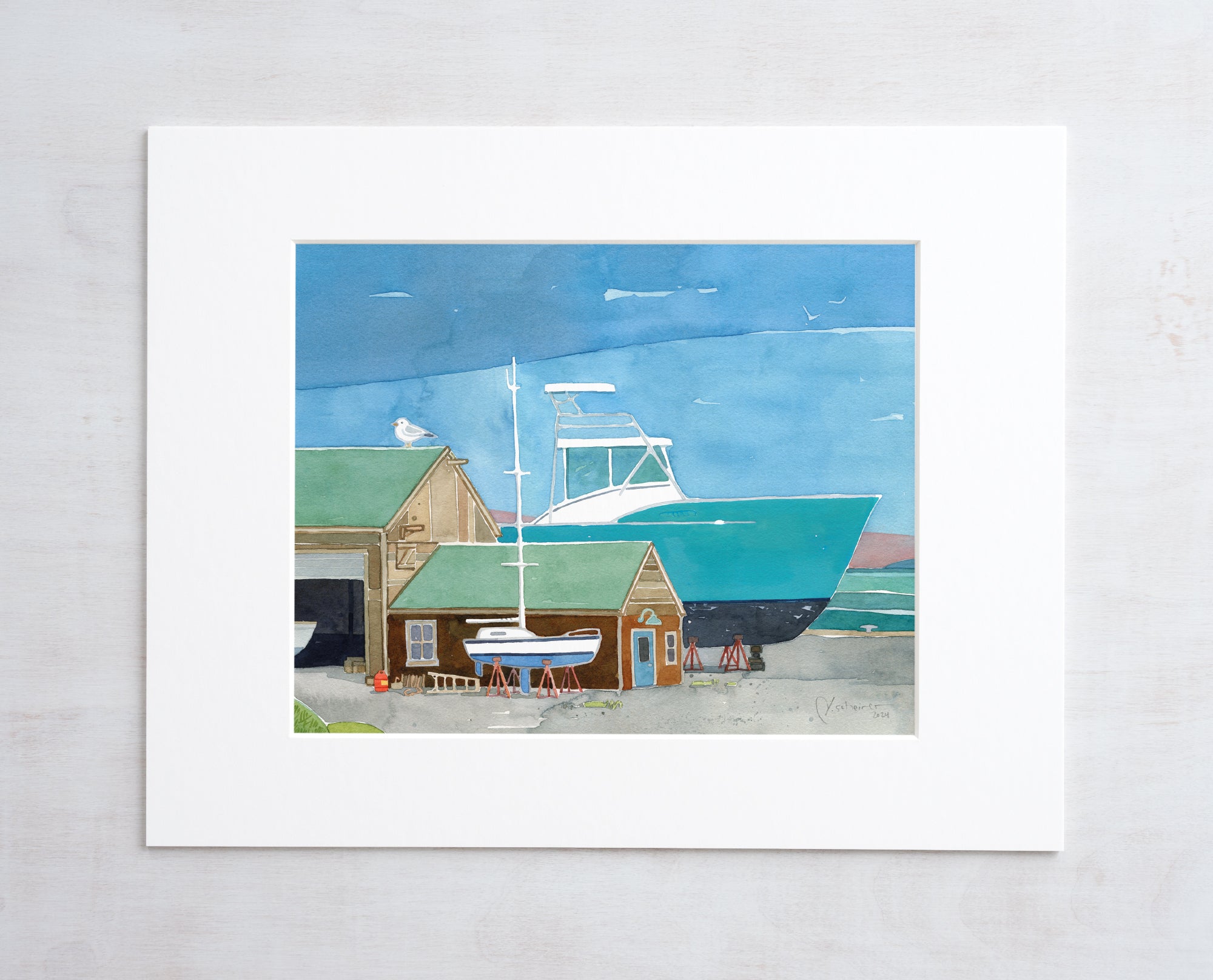 Boatyard Watercolor Print Nautical Coastal Wall Art