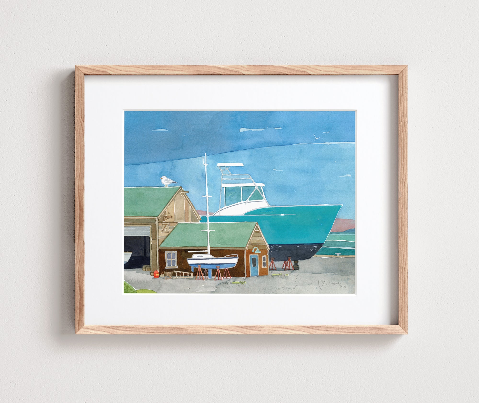 Boatyard Watercolor Print Nautical Coastal Wall Art