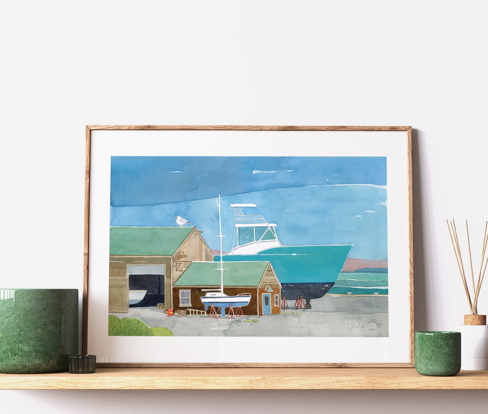 Boatyard Watercolor Print Nautical Coastal Wall Art