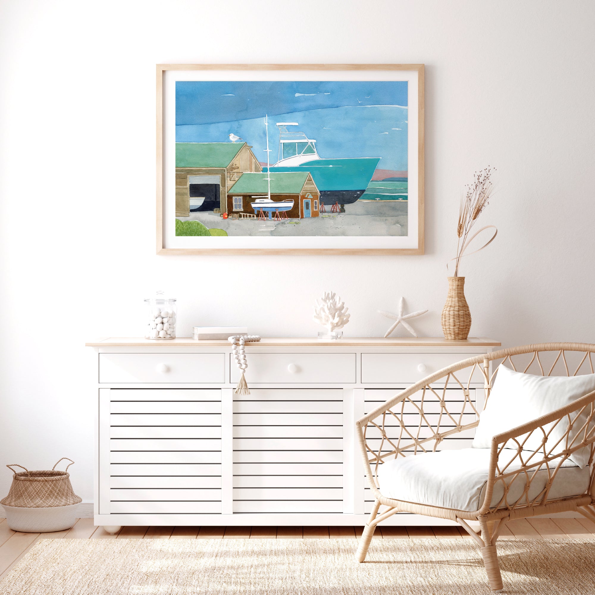 Boatyard Watercolor Print Nautical Coastal Wall Art