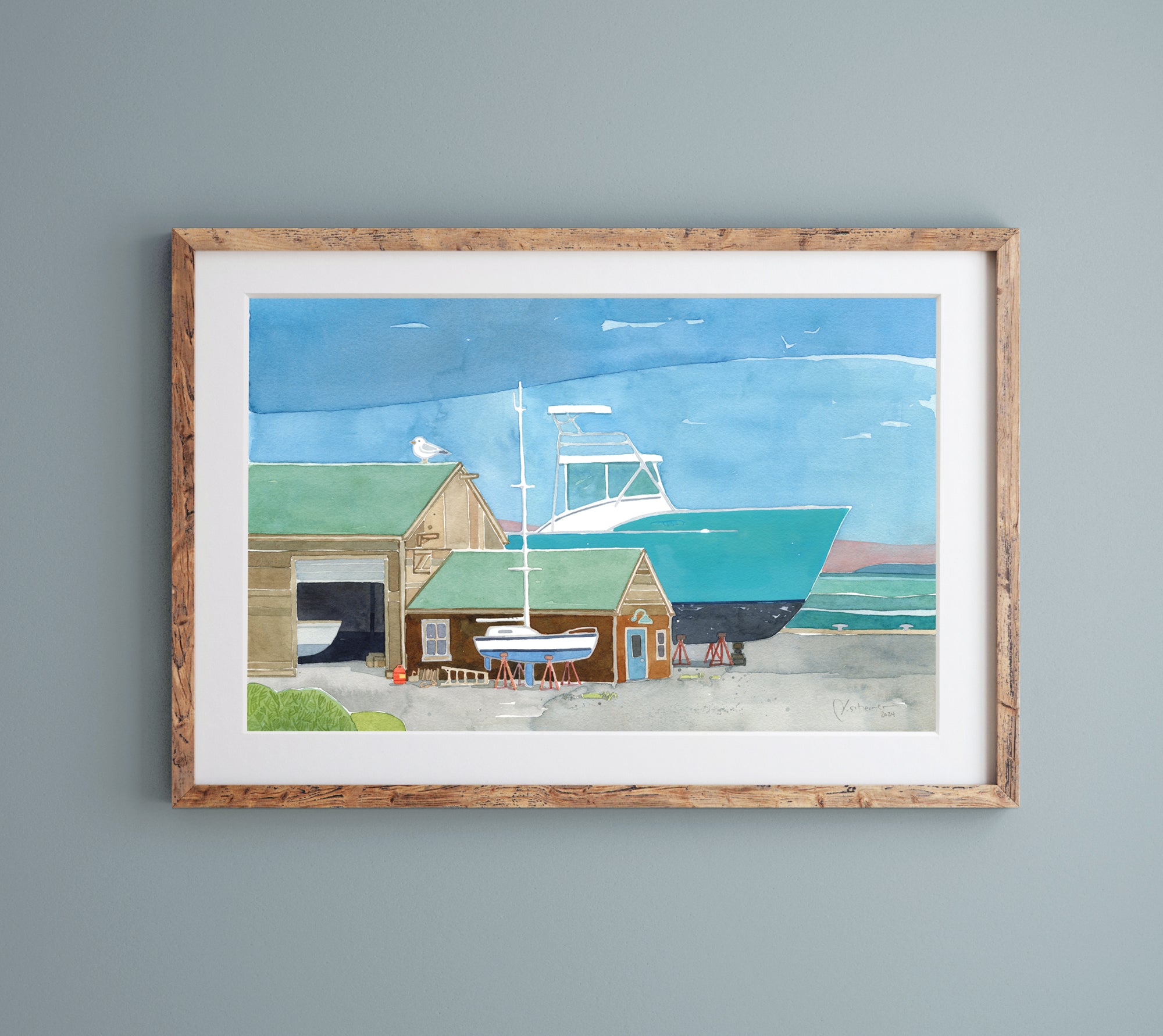 Boatyard Watercolor Print Nautical Coastal Wall Art