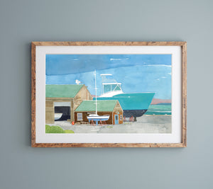 Boatyard Watercolor Print Nautical Coastal Wall Art