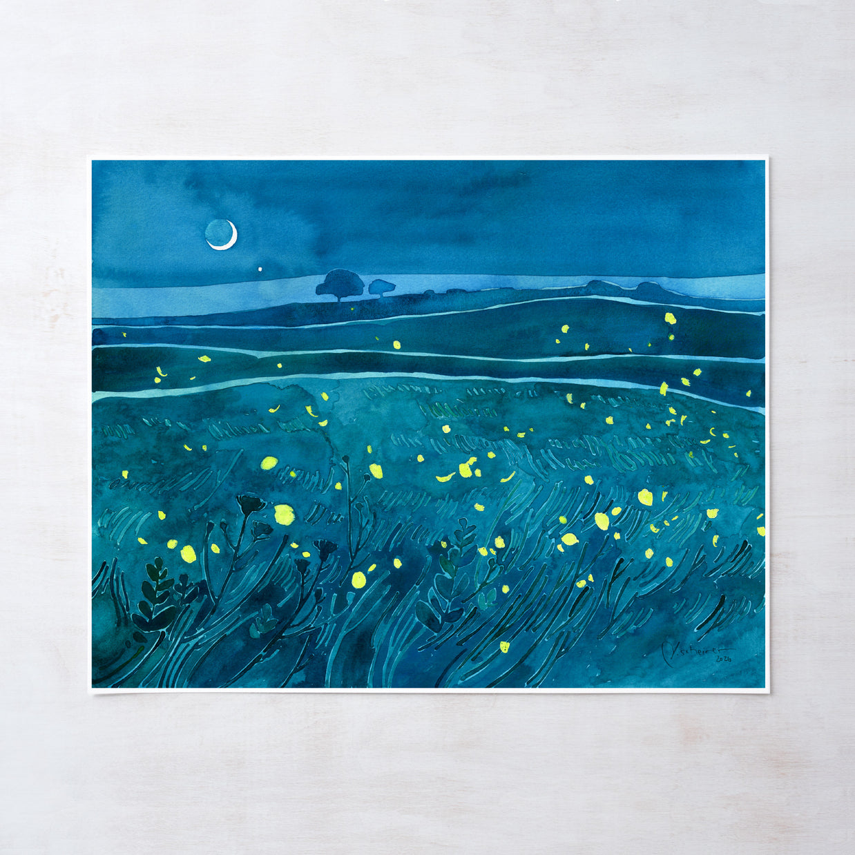 Fireflies Night Meadow Print