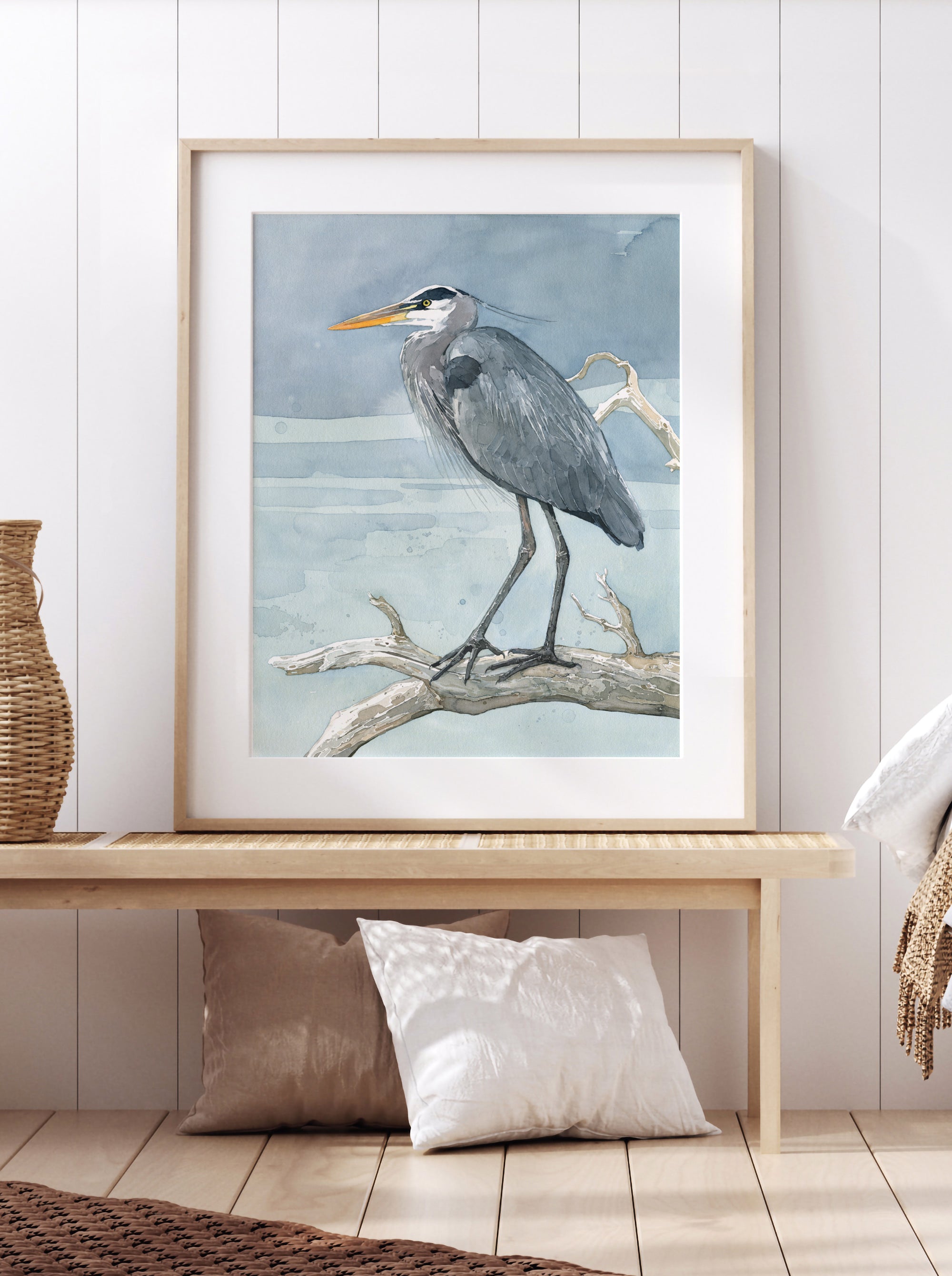 Great Blue Heron on Branch Watercolor Print Coastal Bird Painting Large Wall Art