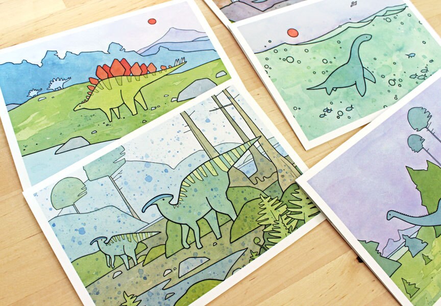 Dinosaur Illustration Card Set: 10 Blank Notecards