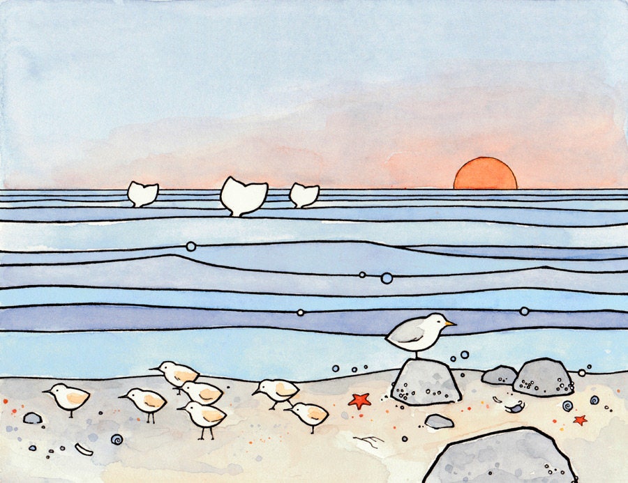 Beach Sandpipers and Whales Print