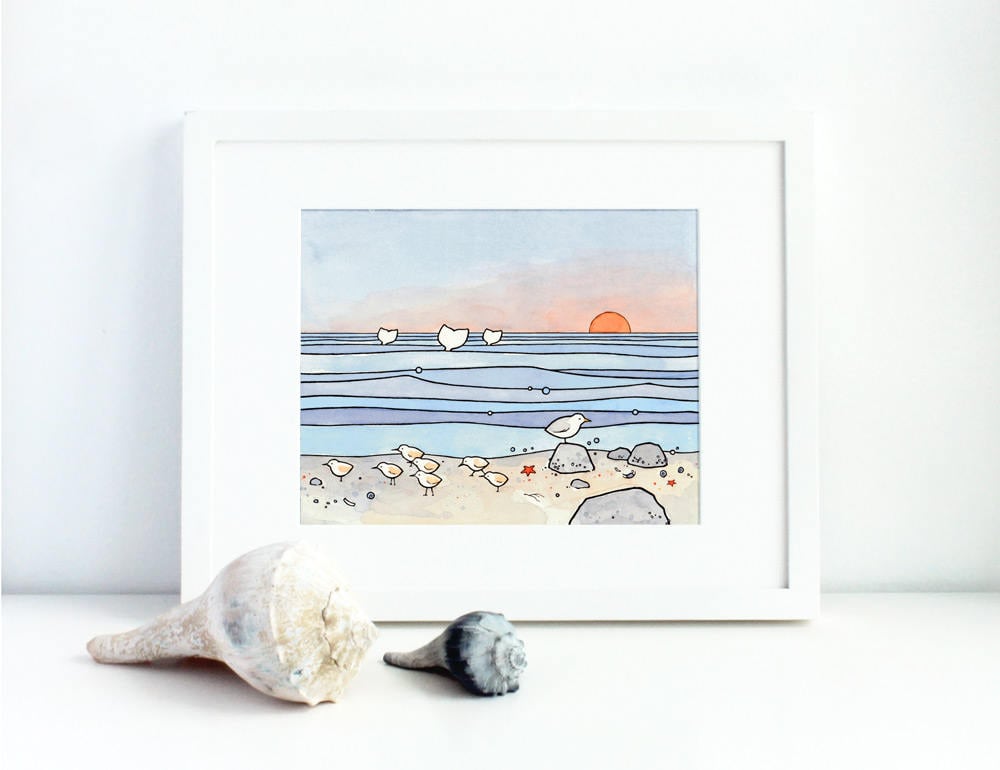 Beach Sandpipers and Whales Print