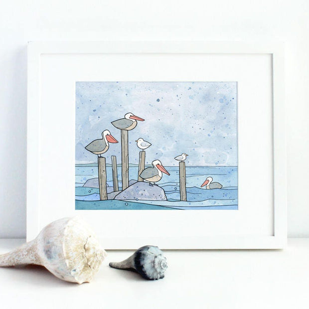 Pelicans in Rain Print