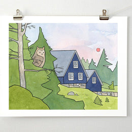 Owl and Cabin Print