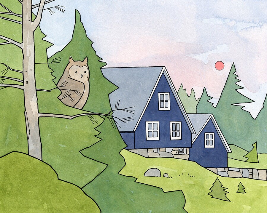 Owl and Cabin Print