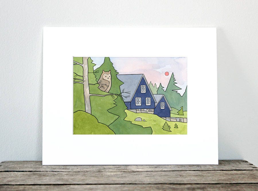 Owl and Cabin Print