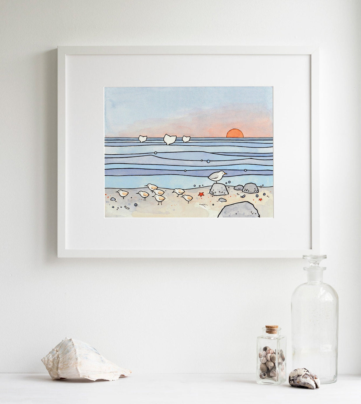 Beach Sandpipers and Whales Print