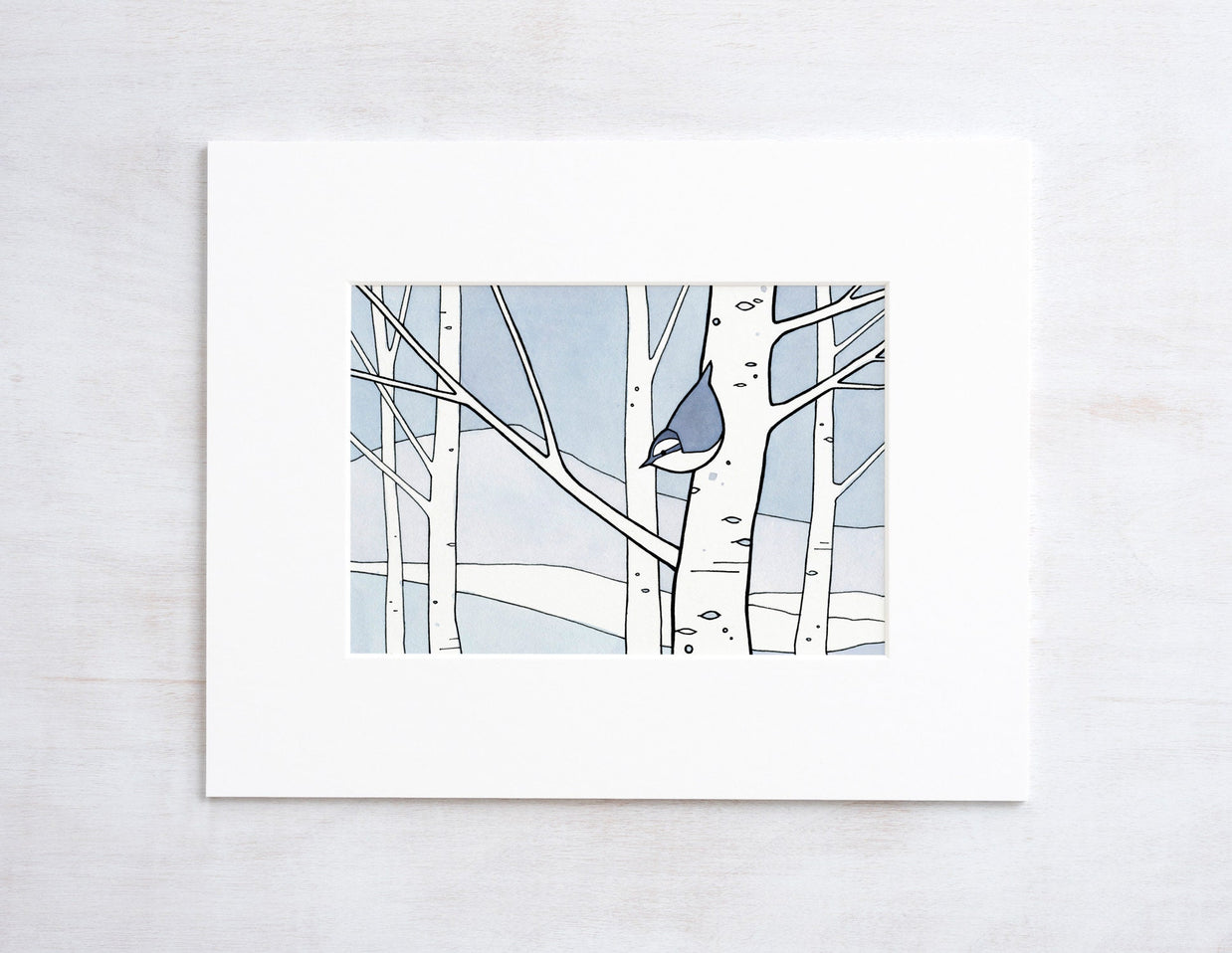 Nuthatch and Aspens Winter Illustration Print Kids Wall Art